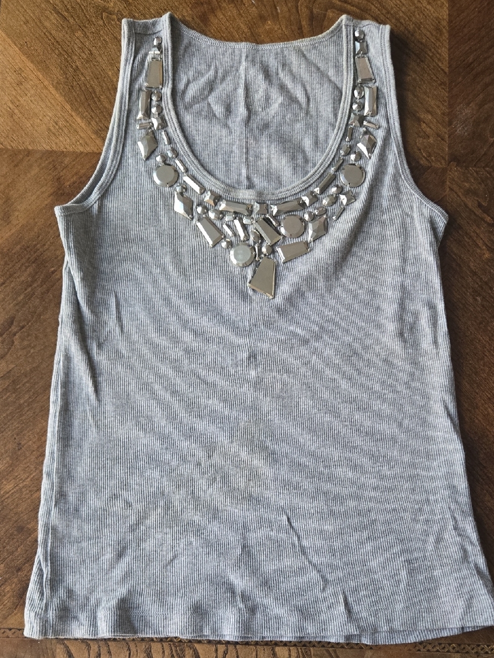 Michael Kors Gray Ribbed Tank with Silver Mirror Embellishment